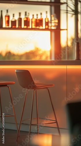 Stylish bar stool near the bar counter. In the background in blur bottles with drinks on glass shelves. Warm lighting. Vertical. Concept relaxation