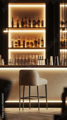 Stylish leather bar stool near light bar counter. In the background in blur bottles with drinks on glass shelves. Warm lighting. Vertical. Lifestyle concept