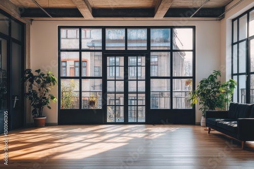 Modern loft interior with large windows overlooking city. Use for home design  architecture  or commercial