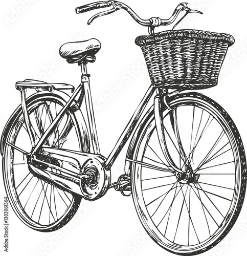 Vintage bicycle illustration with a basket, detailed black and white sketch.