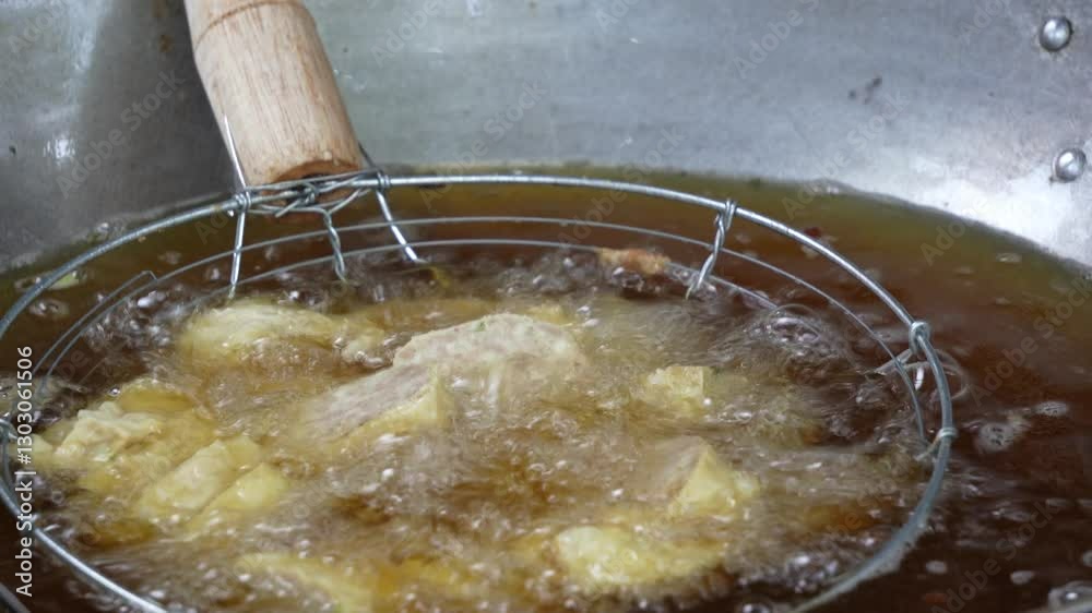 A close-up of Tempe mendoan, Indonesian traditional tempeh,  frying in hot oil, showcasing bubbling and sizzling textures, with pieces of batter being lifted by tongs.