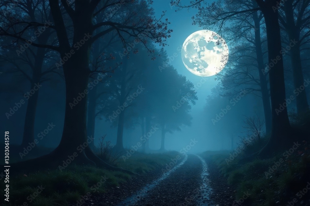 Silver moon hangs low, casting ethereal glow on fog-shrouded woodland path , silent, glow Silver moon hangs low, casting ethereal glow on fog-shrouded woodland path , silent, glow