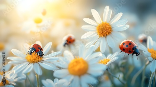 A small red ladybug with black spots rests on a white daisy blossom in a summer garden