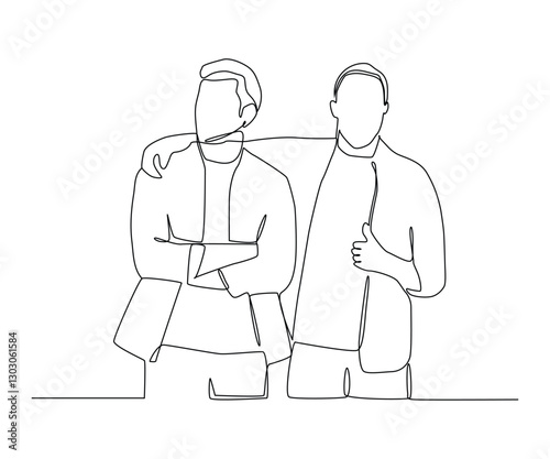 Continuous one line drawing man looks at a friend with his hand on his shoulders, the concept of friendship, emotional support, comfort someone.