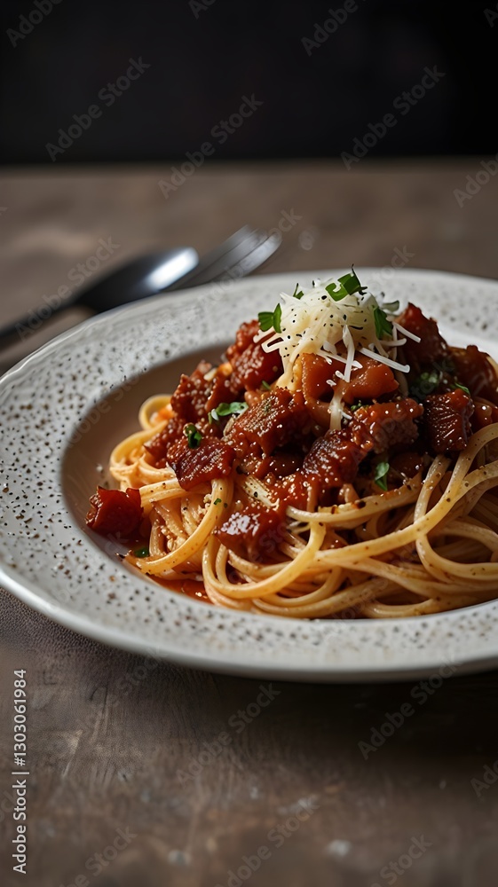 Classic Italian amatriciana pasta with beef in a thick, glossy tomato sauce Classic Italian amatriciana pasta with beef in a thick, glossy tomato sauce