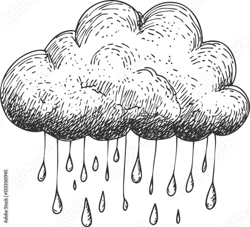 Hand-drawn sketch of a cloud with raindrops on a white background.