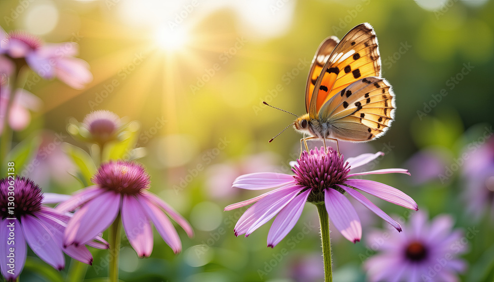 Vibrant butterfly resting on violet flower in sunny garden, beauty of nature Vibrant butterfly resting on violet flower in sunny garden, beauty of nature