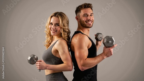 Motivated Couple Working Out Together with Dumbbells – Strength Training and Fitness Goals for a Healthy Lifestyle