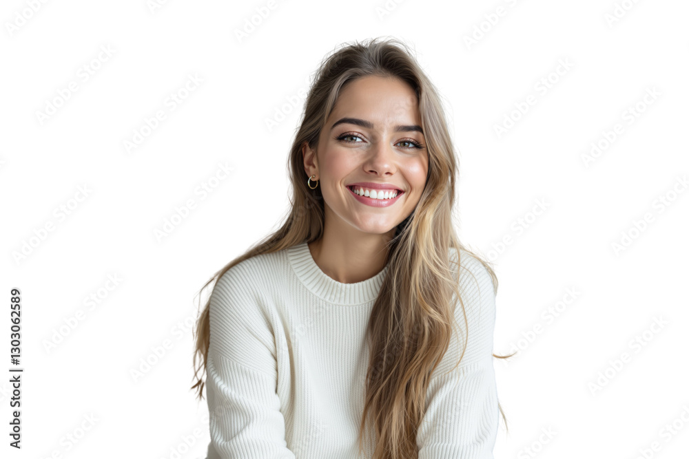 Woman in white sweater, realistic style, white background, concept of fashion. Ai generative Woman in white sweater, realistic style, white background, concept of fashion. Ai generative