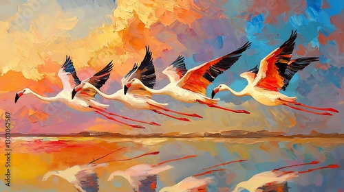 Flamingos in flight, vibrant sunset sky, abstract landscape