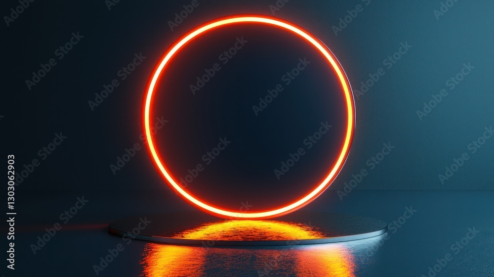 Neon Circle Frame on Platform in Dark Studio Neon Circle Frame on Platform in Dark Studio