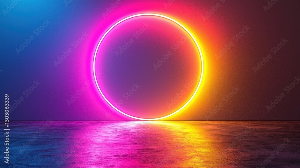 Neon circle frame in vibrant colors on concrete floor Neon circle frame in vibrant colors on concrete floor