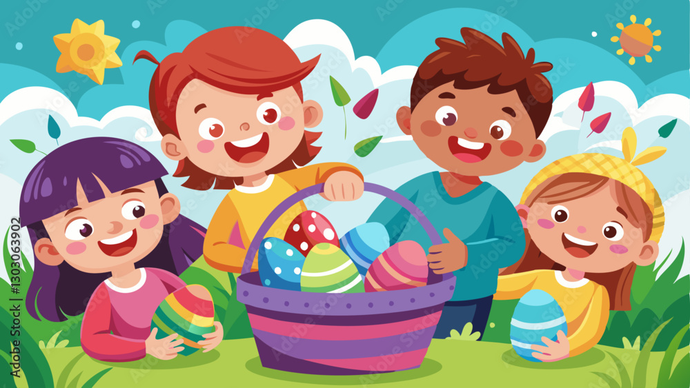 Happy Children Enjoying an Easter Egg Hunt – Colorful Spring Celebration Happy Children Enjoying an Easter Egg Hunt – Colorful Spring Celebration