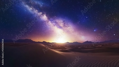 A breathtaking view of the Milky Way galaxy arching over a remote desert landscape