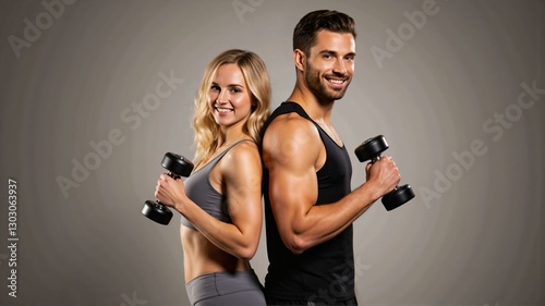 Happy and Athletic Couple Lifting Weights Together – Strong, Fit, and Motivated for a Healthy and Active Lifestyle