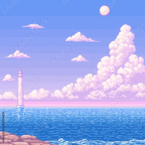 Pixel Art Serene Coastal Landscape with Lighthouse, Waves, and Colorful Sky at Dusk
