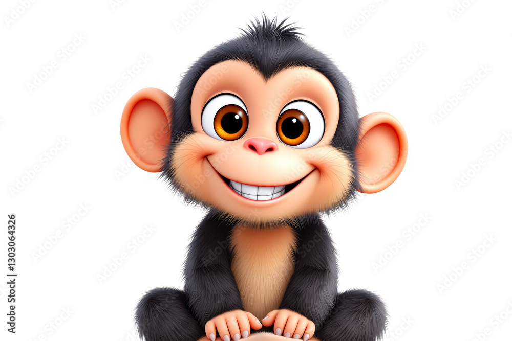 Fototapeta premium Cartoon monkey with big eyes on white background. Digital art. Concept of joy. Ai generative