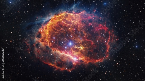 A bright supernova remnant glowing vividly against the deep darkness of space