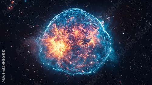 A bright supernova remnant glowing vividly against the deep darkness of space