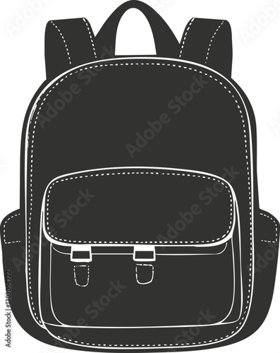Illustration of a black backpack with white stitching detail.