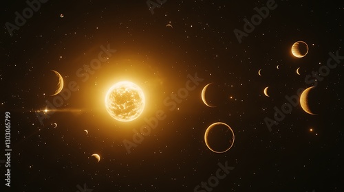 A celestial alignment of planets glowing brightly against the dark of space