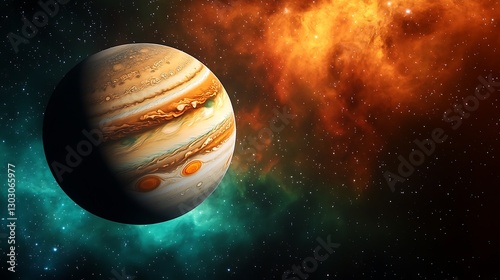 A celestial view of a gas giant planet surrounded by a vivid, multicolored nebula