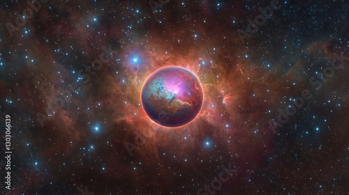 A celestial view of a gas giant planet surrounded by a vivid, multicolored nebula