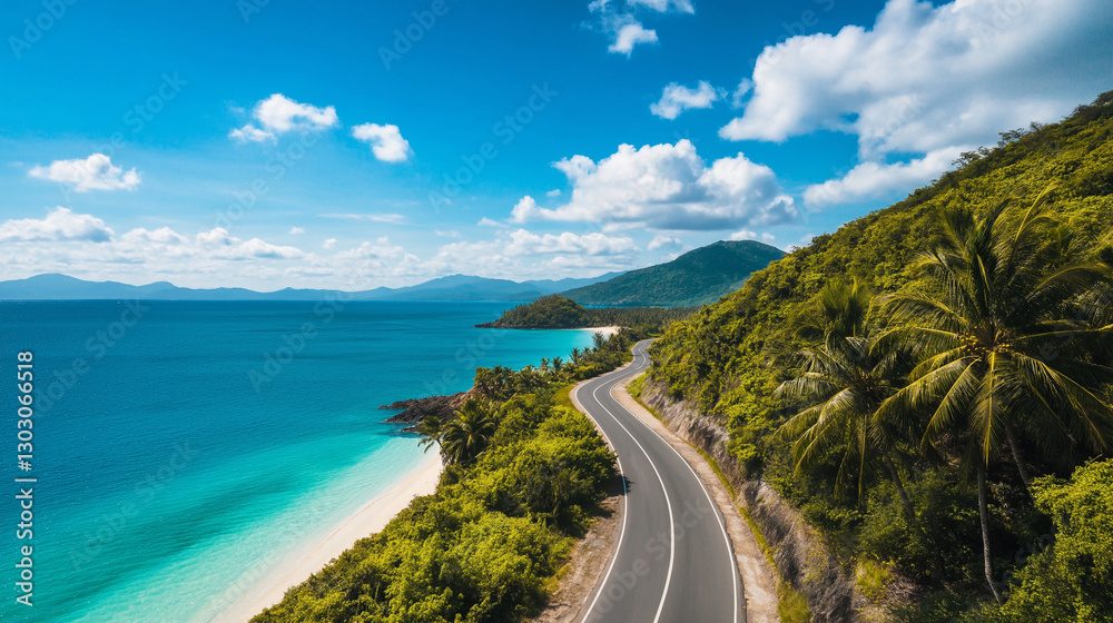 A breathtaking tropical island with a winding coastal road lined with tall swaying palm trees, white sand beach stretching along crystal-clear turquoise waters, under a bright blue A breathtaking tropical island with a winding coastal road lined with tall swaying palm trees, white sand beach stretching along crystal-clear turquoise waters, under a bright blue