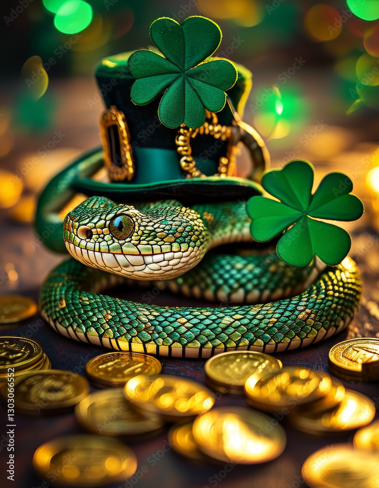 Saint Patricks Day Animal Concept, cute Saint Patrick’s Day green snake, Irish green snake, glover field, shamrock, gold coins, rainbow, Irish tradition Saint Patricks Day Animal Concept, cute Saint Patrick’s Day green snake, Irish green snake, glover field, shamrock, gold coins, rainbow, Irish tradition