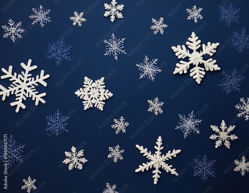 A serene arrangement of white snowflakes on a deep blue background, evoking a winter wonderland vibe. A serene arrangement of white snowflakes on a deep blue background, evoking a winter wonderland vibe.