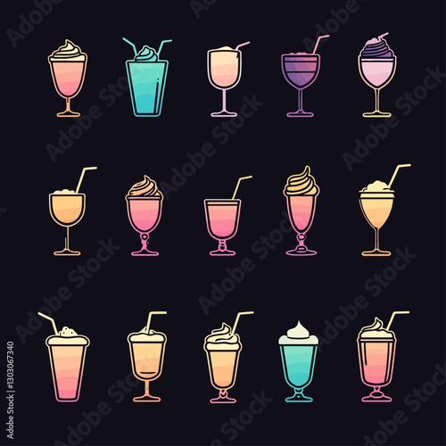 Neon cocktail illustration features various drinks on dark backdrop.