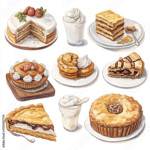 Watercolor assortment of cakes, pies, pastries and cream desserts display