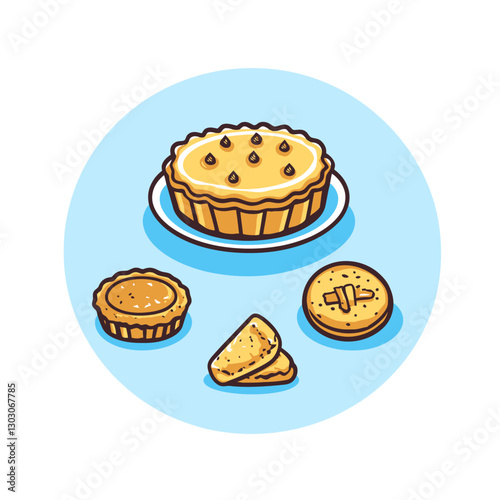 Cartoon Assortment of Delicious Pies and Tarts on a Light Blue Plate