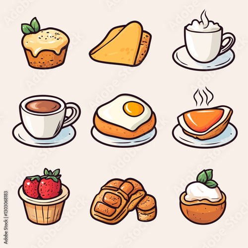 Cartoon illustration of sweet breakfast foods and coffee on plates.
