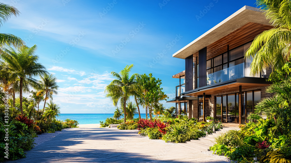 Fototapeta premium Modern luxury villa by the beach with tropical landscaping, palm trees, and a direct view of the ocean, showcasing relaxation, elegance, and high-end coastal living.