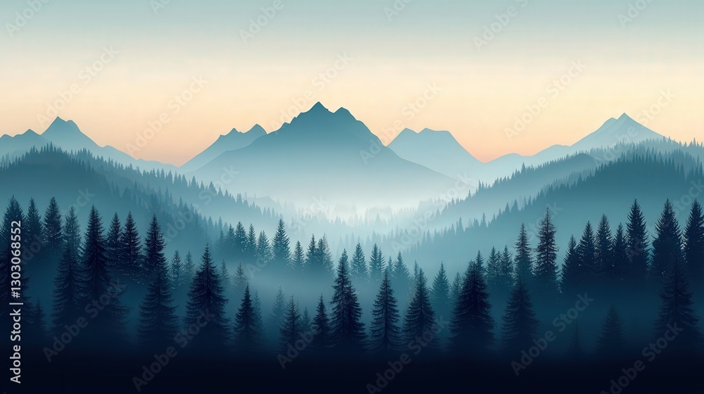 Obraz premium Serene mountain landscape with misty forest and soft colors.