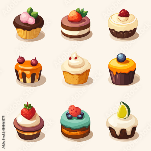 Colorful cartoon cupcake collection with various toppings and sweet frosting