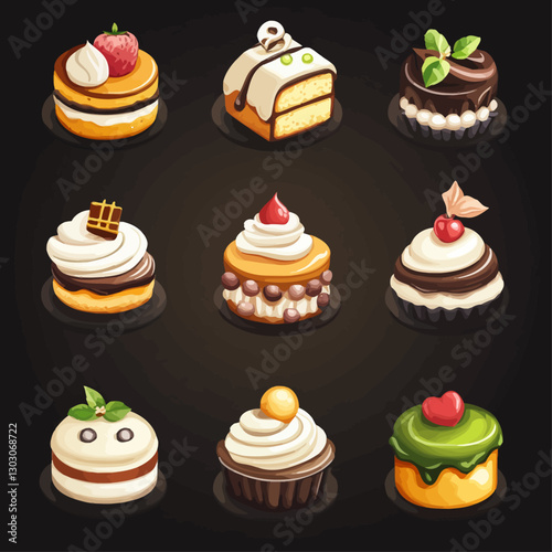Assorted Cute Miniature Cakes with Cream and Berries on Dark Background