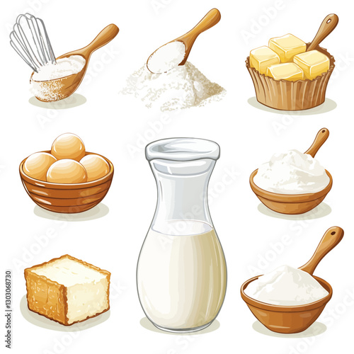 Baking ingredients illustration: eggs, butter, milk, sugar and flour