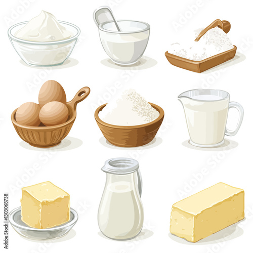 Baking Ingredients: Milk, Eggs, Butter, Sugar, Flour, and Cream Elements