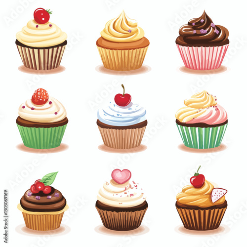 Colorful Assortment of Cupcakes with Various Toppings on a White Background
