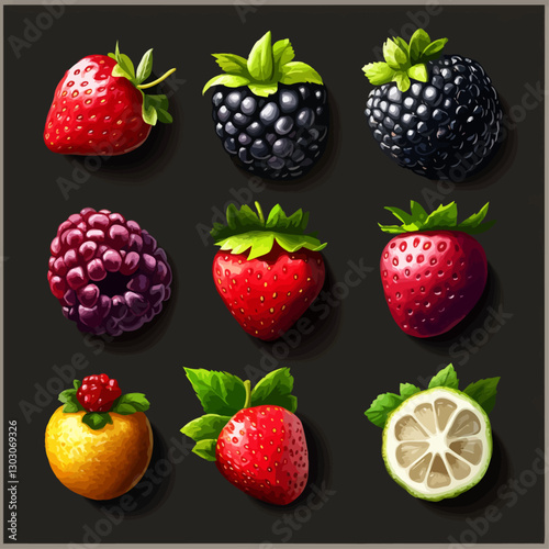 Assorted Fresh Berries and Fruits on Dark Background with Leaf Accents