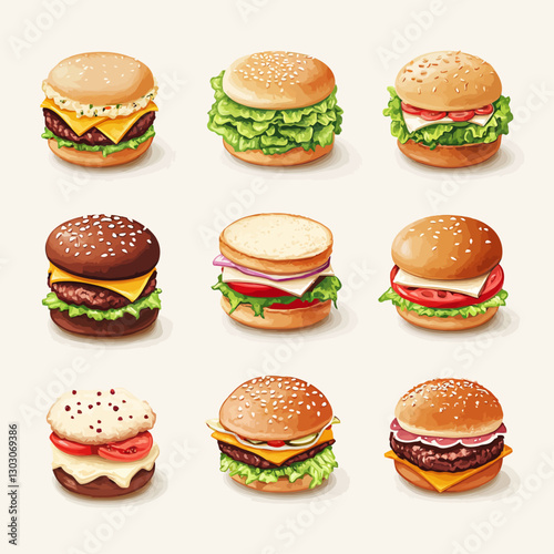 Assortment of gourmet burgers with varied toppings and sesame seed buns