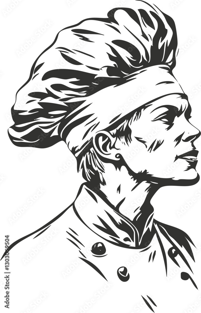 Black and white illustration of a chef in profile view. Black and white illustration of a chef in profile view.
