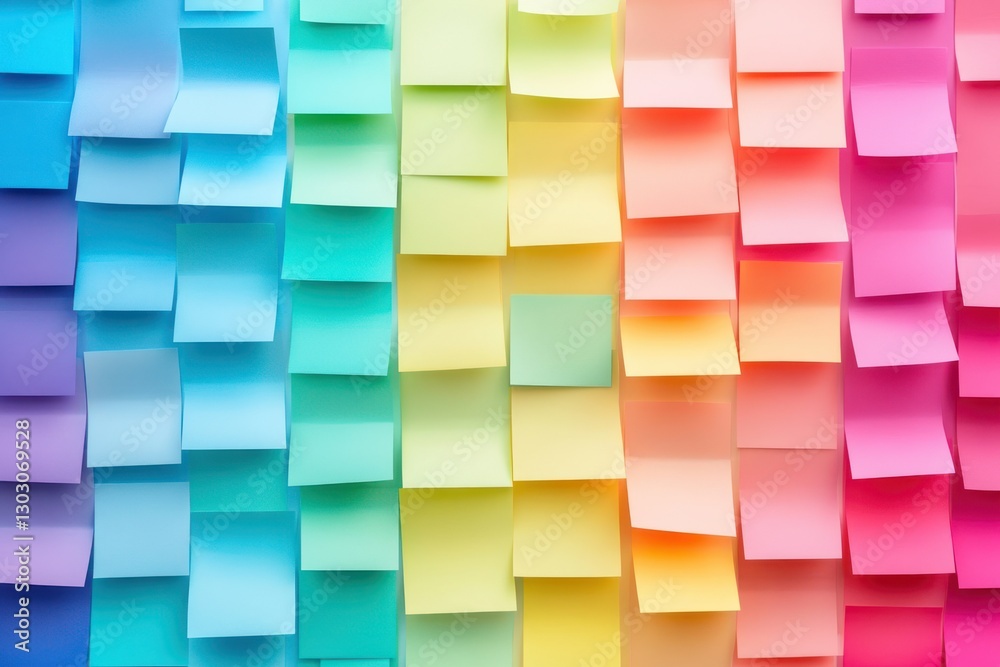 Fototapeta premium Colorful Sticky Notes in a Gradient Pattern on a Wall for Creative Ideas and Organization