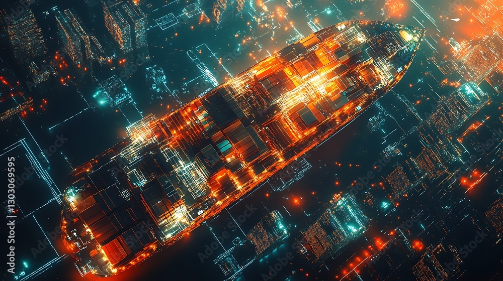 Obraz premium Night Cargo Ship: Digital Metropolis