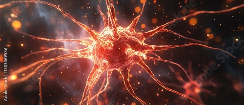 Close-up view of a glowing neuron structure.