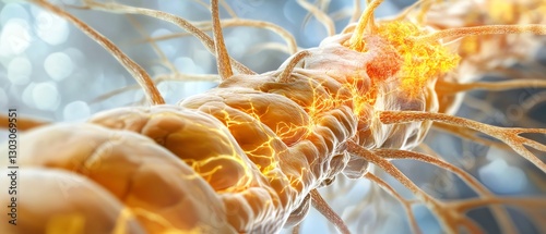 Close-up view of a glowing neuron structure.