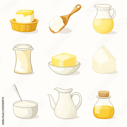 Dairy fat products: Vector butter, oil, and cheese illustrations