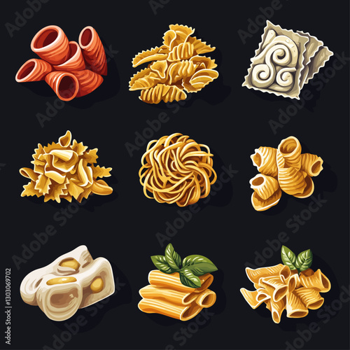 Assorted uncooked pasta varieties in stylized food illustration on black